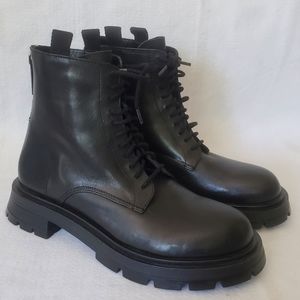 ZARA Black Leather Combat Boots Lace up Zip Lug Sole NWT
